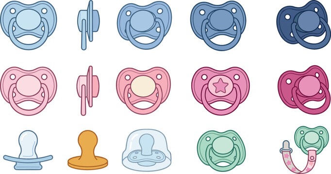 Baby Pacifier Icon Set with Colorful Blue Pink Green Teethers Dummies Nipple Shields and Soother Holders for Infant Care Graphic Designs