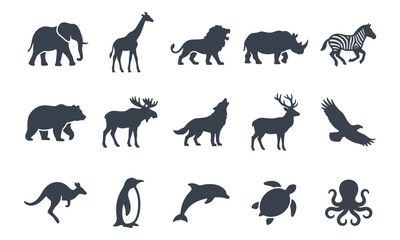 Fototapeta premium Wild animal silhouette icons set on white background