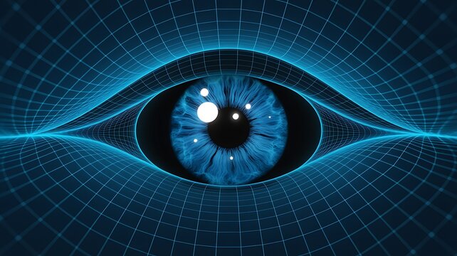 Artificial intelligence concept. Abstract futuristic digital technology eye in dark blue. Digital Biometric Security Screening of a Human Eye or Iris. 3d rendering


