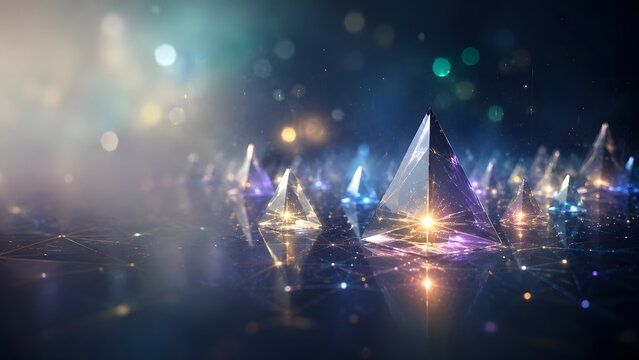 glowing transparent glass pyramids on a reflective surface with warm particle lights suitable for technology banners modern templates and abstract backgrounds