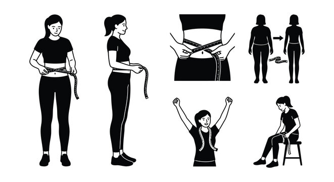 Weight loss progression vector illustrations with measuring tape black and white