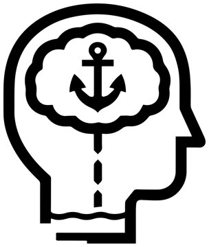 Icon of a human head with an anchor in the brain with profile anchor symbol simple black white concentration intelligence stability thinking