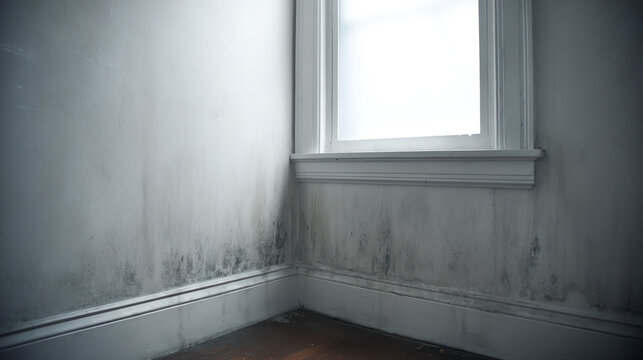 An interior corner with wall stains and a window, highlighting the impact of moisture and neglect in a residential space.