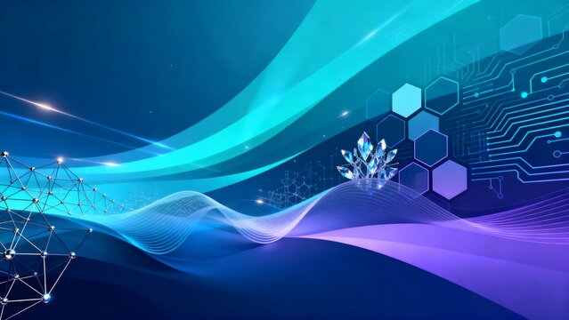 Abstract high quality 3D background featuring futuristic circuits, hexagons, and a crystal. Ideal for tech website banners, modern presentation slides, and science posters.