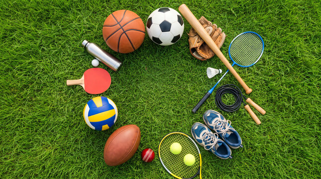 Top view of various sports equipment arranged in a circle on green grass background