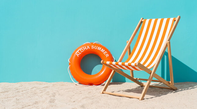 Summer vacation concept with a bright orange lifebuoy with aloha summer text and a striped deck chair on the sand against a turquoise wall background