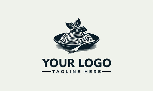 Minimalist Hand Drawn Spaghetti Pasta Bowl Illustration Logo Design with Fresh Basil Herb Garnished Meal Graphic