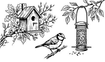 Vintage Hand Drawn Wooden Birdhouse Hanging Mesh Feeder and Perching Blue Tit Bird Vector Set with Spring Blossom Branches for Garden Designs © Hosneara