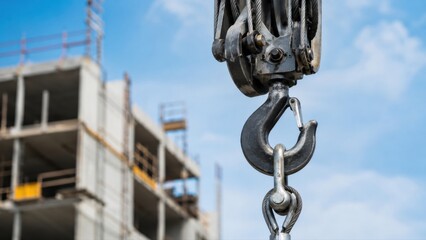 Fototapeta premium Close view of crane hook, latch and lifting hardware highlights metal texture, safety design, industrial strength and construction equipment detail for site concepts.