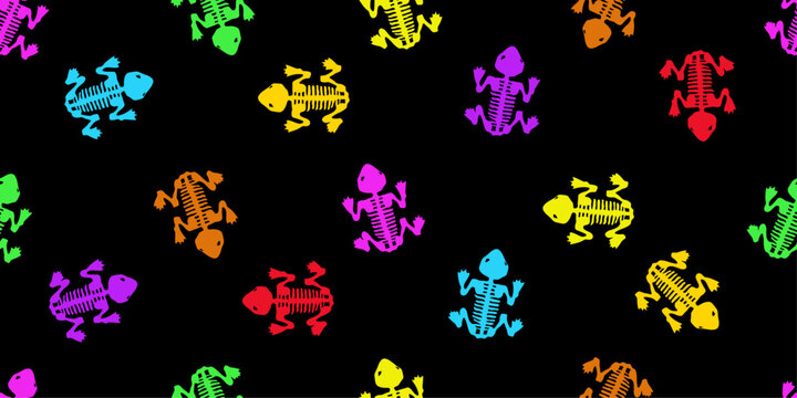 Colorful seamless pattern featuring frog skeletons on black background. Creative Halloween vector background for fabric, wrapping paper, wallpaper, textile, scrapbook and surface pattern design.