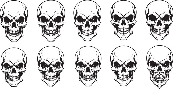 Multiple human skulls arranged in two rows against a white background symbolizing death and danger
