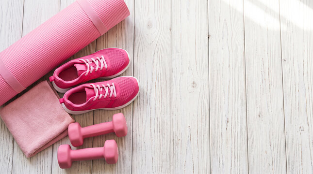 Flat lay of pink fitness equipment including yoga mat, sneakers, dumbbells, and a towel on a light wooden floor background