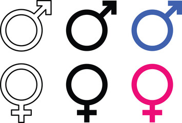 Gender Icon Set. Male and Female Symbols, Mars and Venus Identity Signs in Outline and Solid Styles Black Blue and Pink color © creativeKawsar