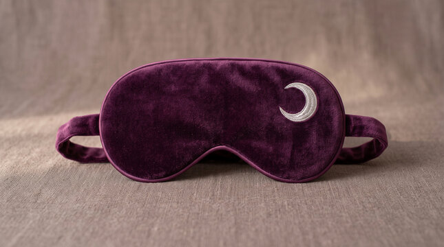 A luxurious deep purple velvet sleep mask with an embroidered silver crescent moon design, resting on a textured neutraltoned fabric surface
