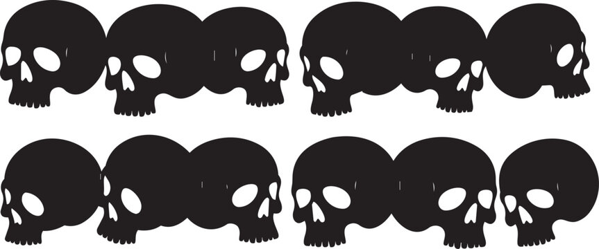 Row of black skull silhouettes against a white background symbolizing death and danger