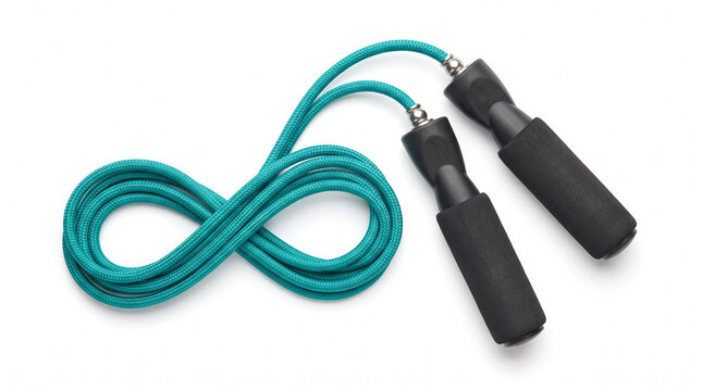 Teal jump rope with black foam handles isolated on white background