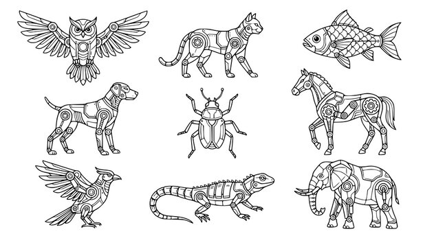Steampunk Robotic Animal Line Art Vector Set with Mechanical Owl Tiger Fish Dog Beetle Horse Lizard and Elephant Icons for Coloring Pages