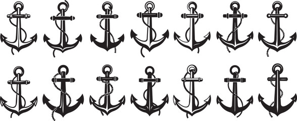 Row of nautical anchors on a white background symbolizing maritime travel and stability © SDR