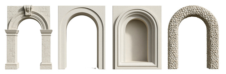 Fototapeta premium Set of decorative arch shapes in plaster on transparent background