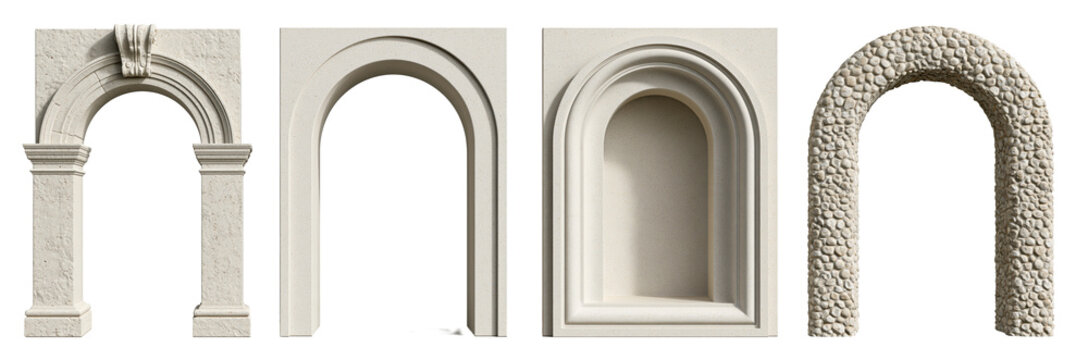 Set of decorative arch shapes in plaster on transparent background