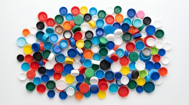 Colorful plastic bottle caps pile on white background for recycling