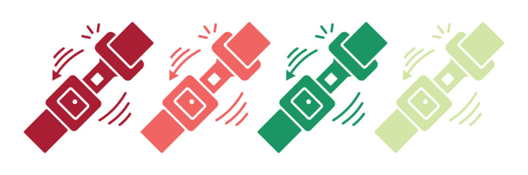Seat belt icons showing the action of buckling up for car safety and vehicle passenger protection in a flat graphic design style