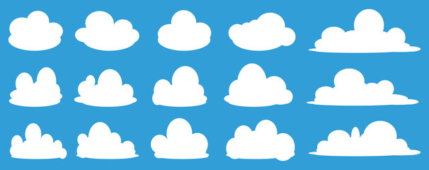Fototapeta premium set of vector illustrations of clumpy clouds, cloud bubbles in flat style on a blue background 