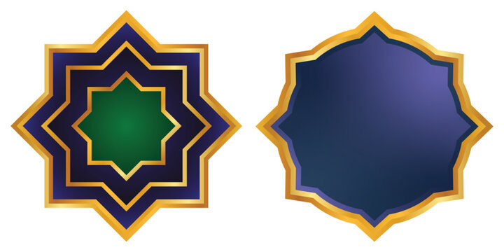 Decorative islamic style star and polygon frames with gold borders and blue and green colors for ramadan and cultural design projects