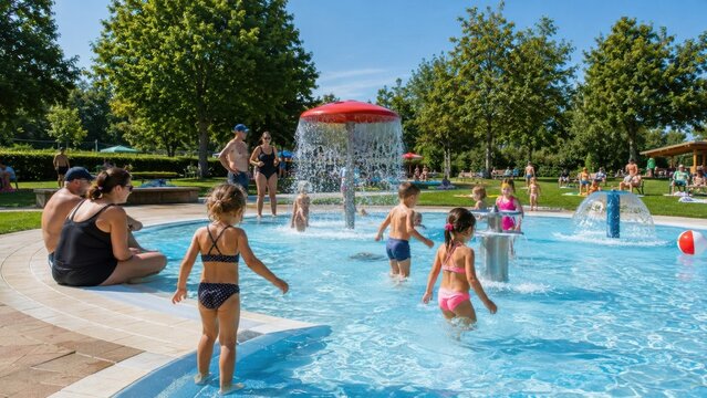 Kinder spielen im flachen Planschbecken mit Wasserspielen und Pilzdusche. Eltern beaufsichtigen den fr&ouml;hlichen Badespa&szlig; an einem sonnigen Sommertag im Freibad.
