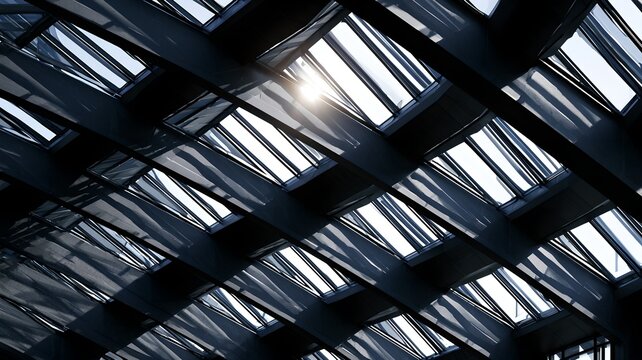 Modern Architectural Glass Roof with Geometric Steel Beams and Bright Sunlight Reflection