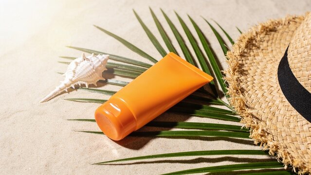 Bright orange sunscreen bottle surrounded by tropical leaves and woven straw hat on light surface