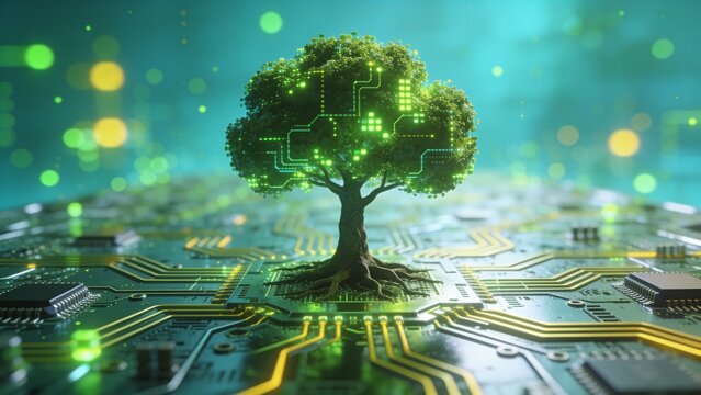 A futuristic tree grows on a circuit board with glowing green lights and microchips in a technological landscape.