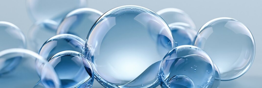 Blue glass bubbles background with abstract liquid spheres