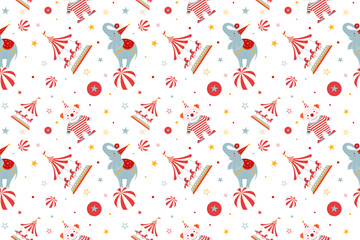 Cute seamless pattern with circus elements: carousel, elephant on a ball,balls,stars  in white,red and blue colours on white background.Carnival or festival amusement. Vibrant carnival pattern. Vector © Anna