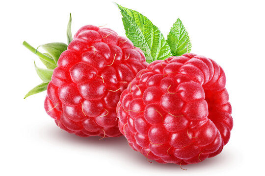 Pair of juicy ripe raspberries with leaves isolated on transparent background.