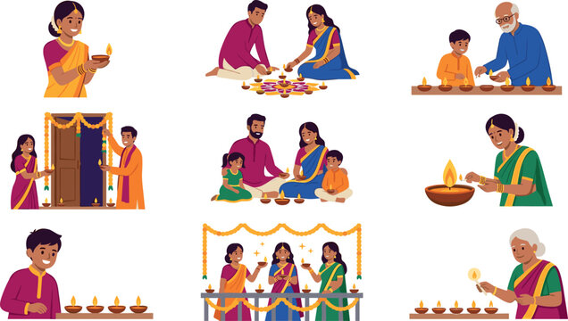 Collection of Diwali family celebration activities with lighting diyas, home decoration, Lakshmi puja, festive rituals and traditional Indian culture vector set