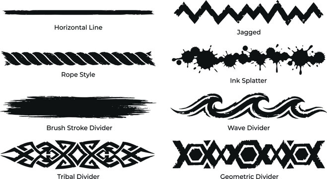 Decorative Divider Lines Vector Set with Brush Stroke Tribal Wave and Grunge Separators
