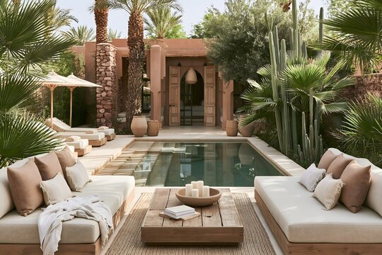 Luxury Moroccan riad courtyard featuring a serene swimming pool, vibrant mosaic tiling, and traditional arches. Stunning Moroccan boutique resort pool