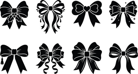 Fototapeta premium Elegant Ribbon Bow Silhouette Vector Set with Decorative Gift and Holiday Bow Designs