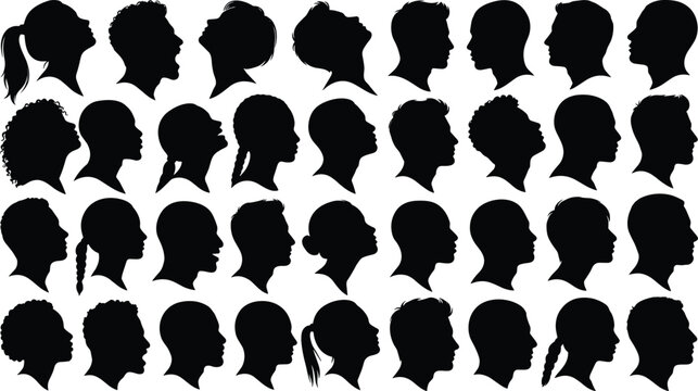 Collection of diverse people head profile silhouettes, side view faces of men and women for community and social media avatars