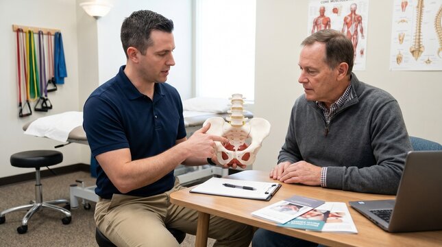 Experienced male physical therapist educates a senior patient about pelvic floor health and anatomy using a detailed skeletal model during a focused clinic consultation for men's wellness and