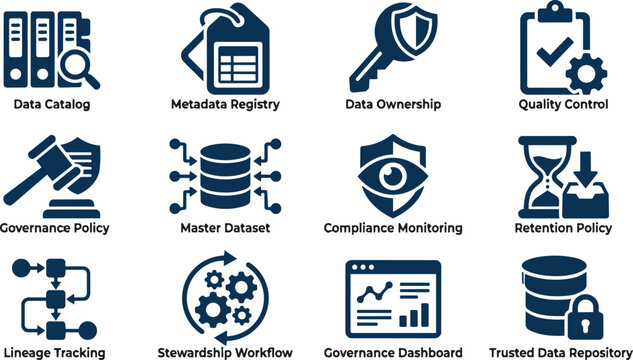 Data Governance Icons, 12 Blue Vector Graphics, Data Management Symbols, Information Security Illustrations