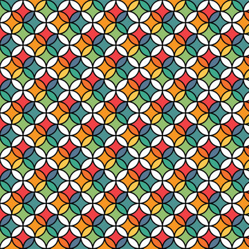 Seamless retro geometric pattern with interlocking circles and vibrant seventies colors in a flat vector style.