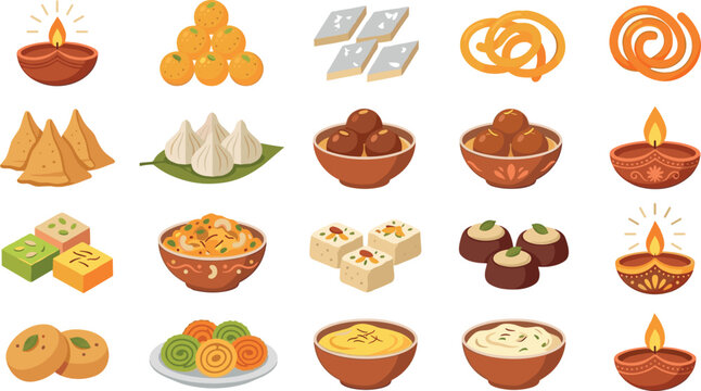 Collection of traditional Indian Diwali sweets, snacks and decorative diya lamps, festive dessert and food icons, colorful vector illustration set