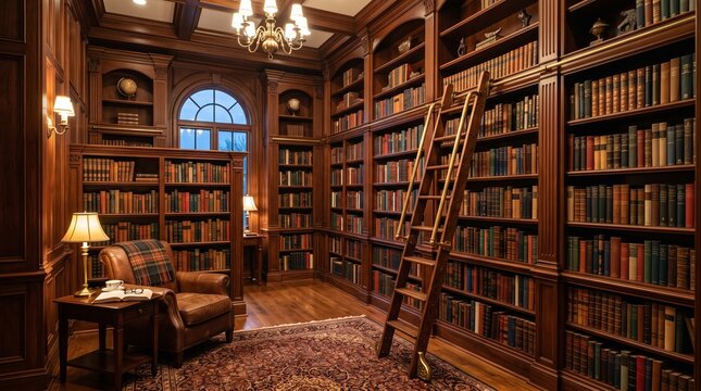 Elegant wooden ladder leaning against tall built-in bookshelves in a classic home library, featuring warm ambient lighting, rich wood textures, and a cozy reading atmosphere.