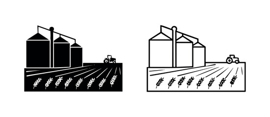 Grain Silos and Tractor on Wheat Field Icon Set © liubomir118809