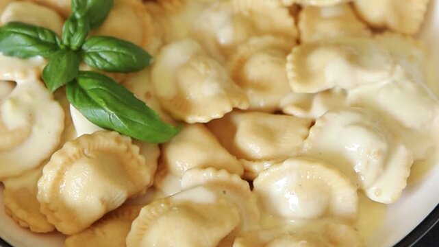Ravioli meat filling dumpling vareniki food preparation tasty snack fresh gourmet food background on the table rustic food top view copy space