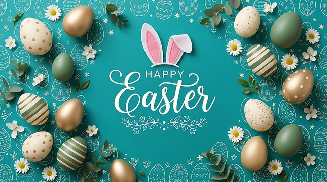 Easter background with eggs. Lots of gold, white and green realistic eggs on a dark blue background. Festive design with text for greeting cards, invitations or advertising banners. Vector EPS 10.