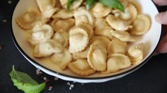 Ravioli meat filling dumpling vareniki food preparation tasty snack fresh gourmet food background on the table rustic food top view copy space
