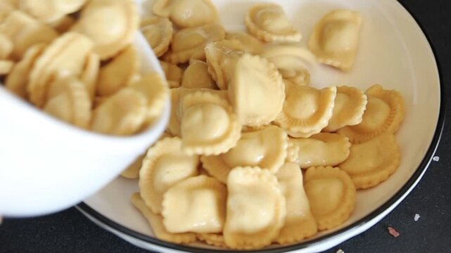 Ravioli meat filling dumpling vareniki food preparation tasty snack fresh gourmet food background on the table rustic food top view copy space